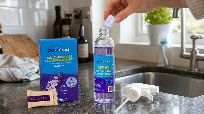 Hand dropping an OdorCrush tablet into a bottle of water beside the pack on a kitchen counter